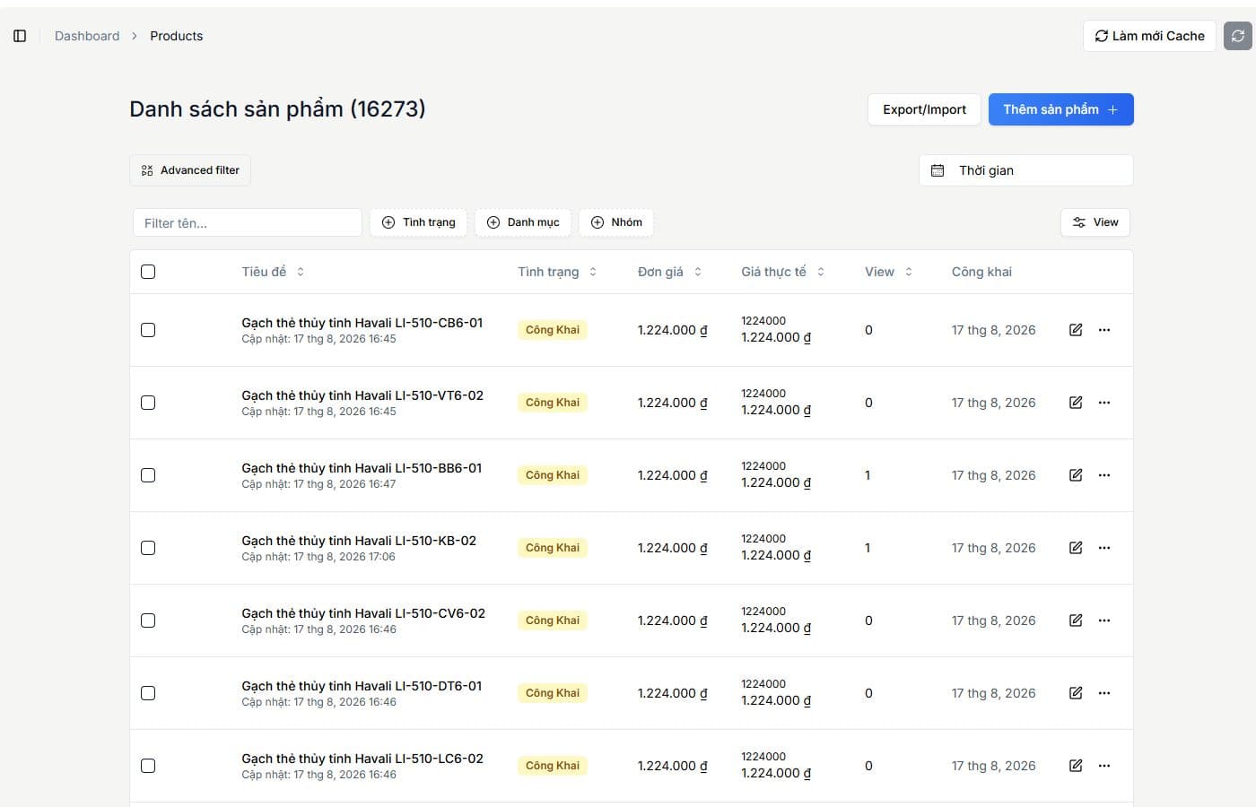 Sanitized Hai Linh CMS product list with advanced filters and catalog operations