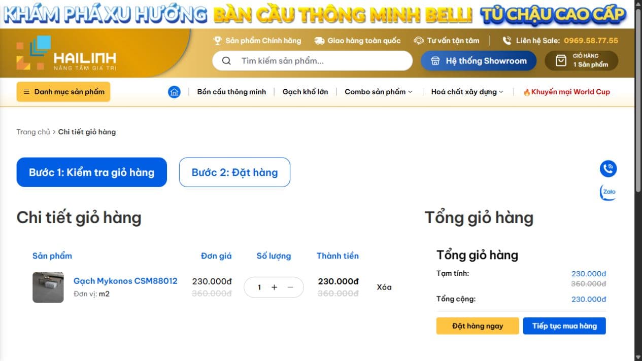 Hai Linh shopping cart with product, quantity, pricing, and order summary