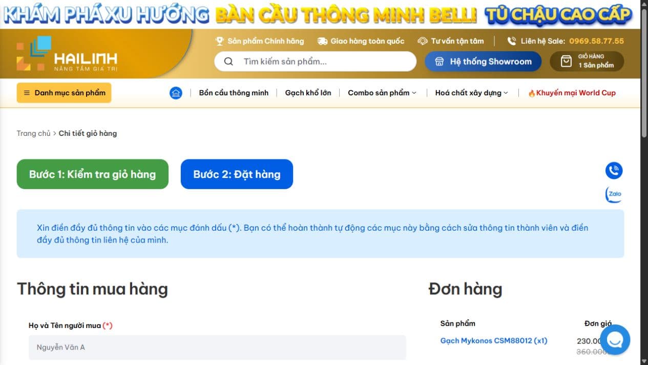 Hai Linh checkout with customer information and order summary