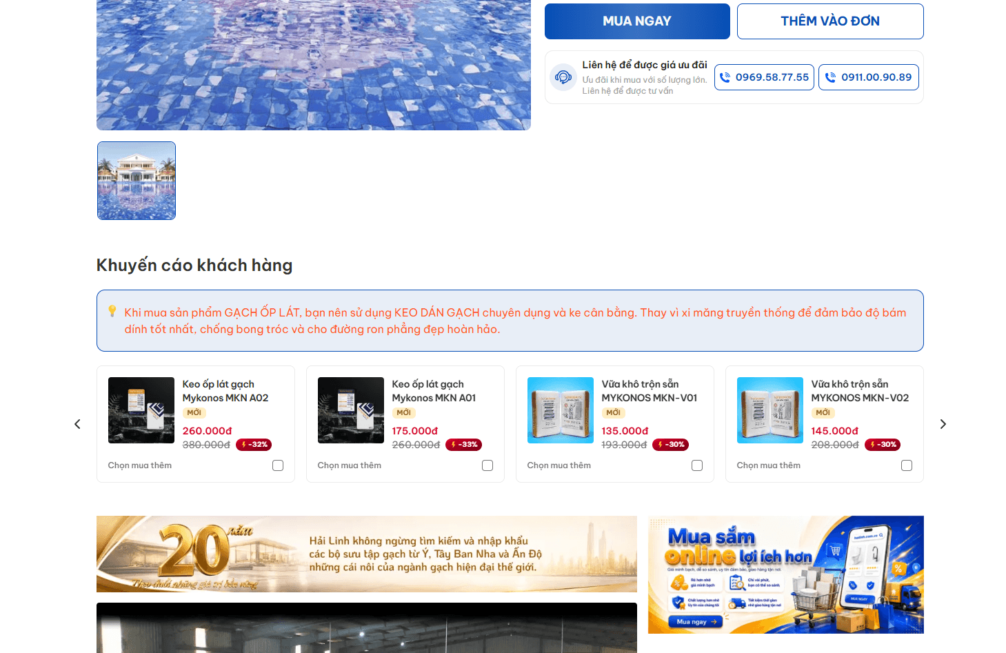 Hai Linh product page with selectable adhesive and mortar cross-sell recommendations