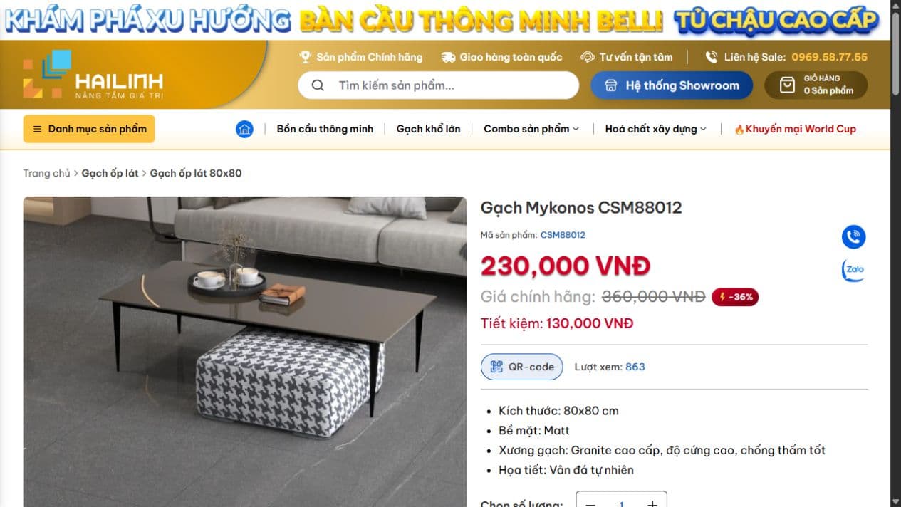 Hai Linh product detail page with imagery, pricing, promotion, and specifications
