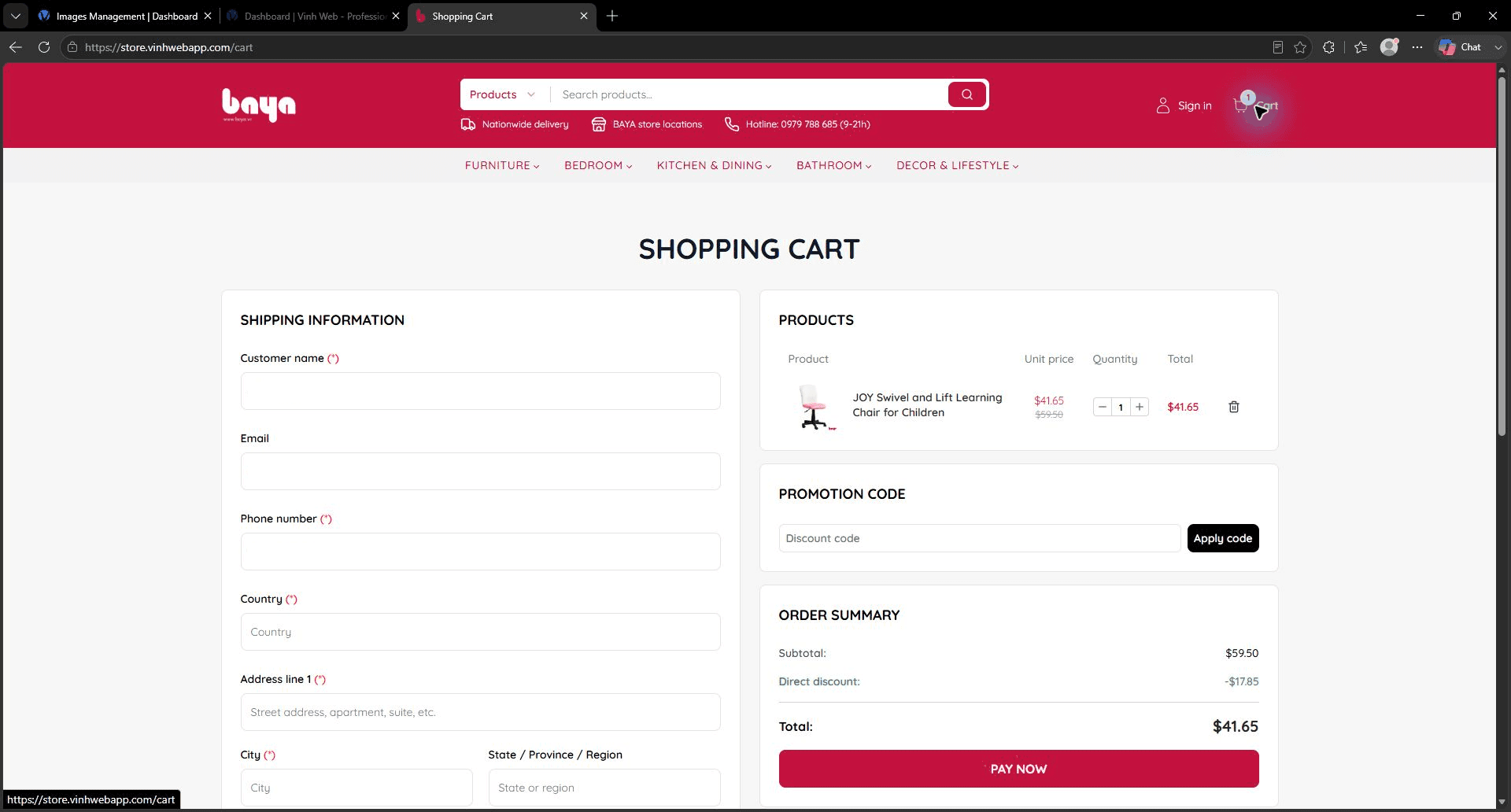 Baya shopping cart with a chair, promotion code, and order summary