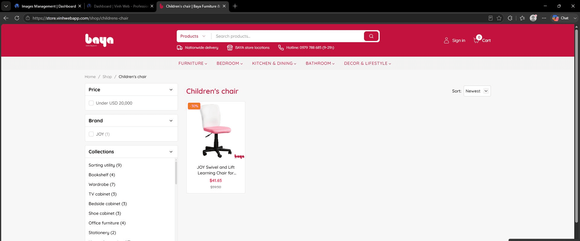 Baya children's chair collection with category filters and a discounted product