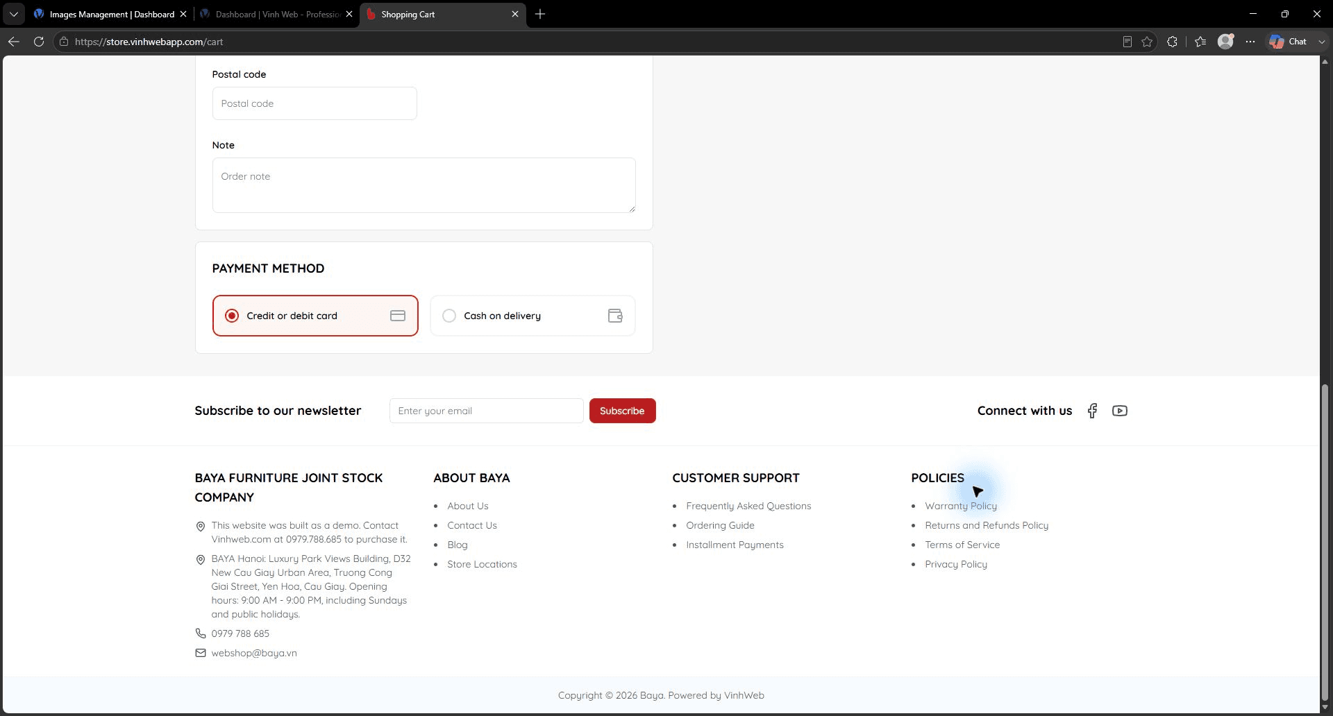 Baya checkout payment method choices for card or cash on delivery