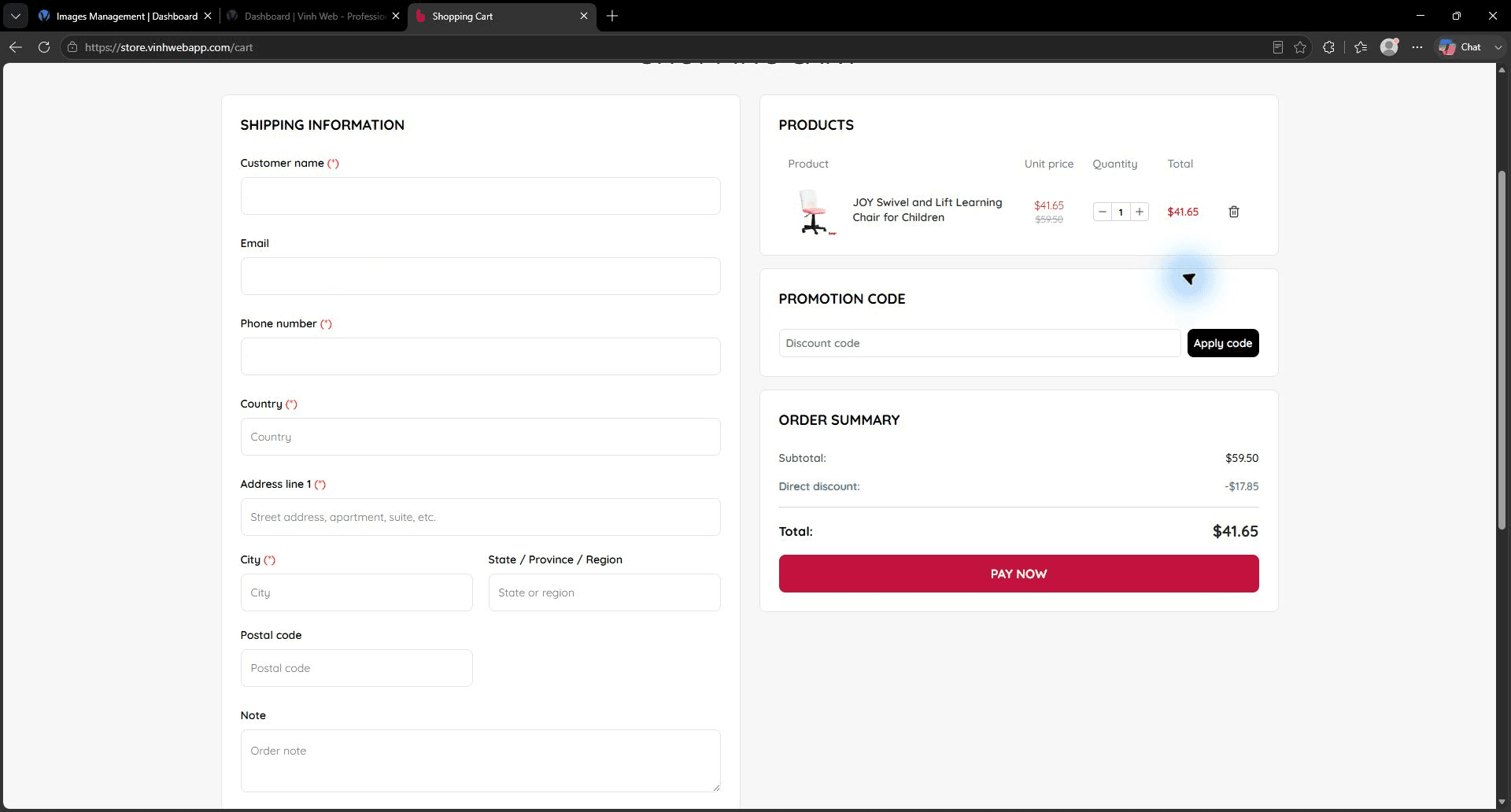 Baya checkout with shipping fields, product review, discount, total, and pay-now action