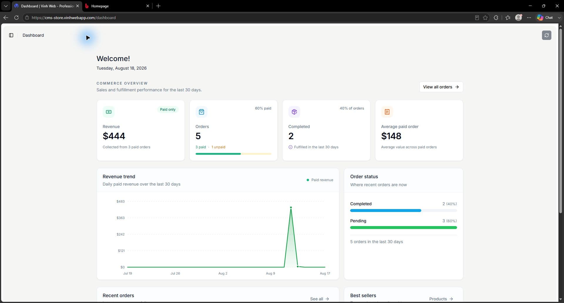 VinhWeb furniture commerce CMS dashboard with sales and order reporting
