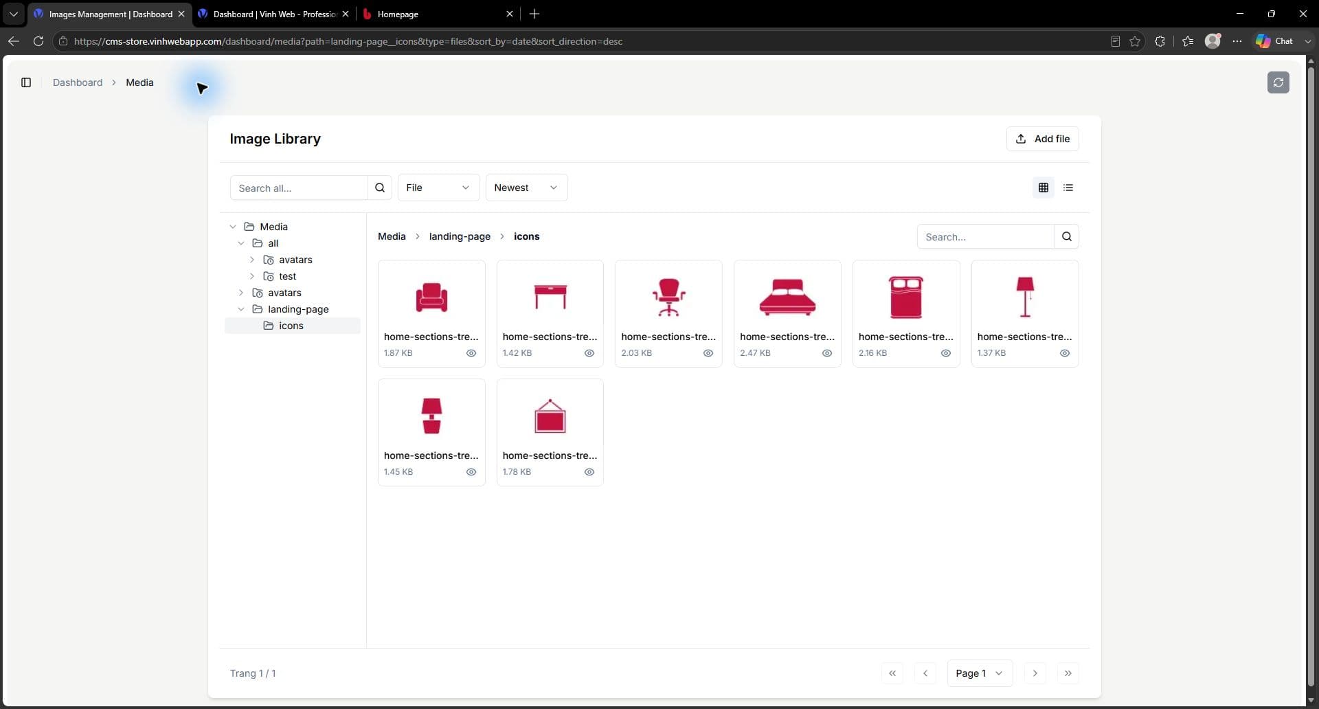 VinhWeb CMS media library with folders and furniture storefront icon assets