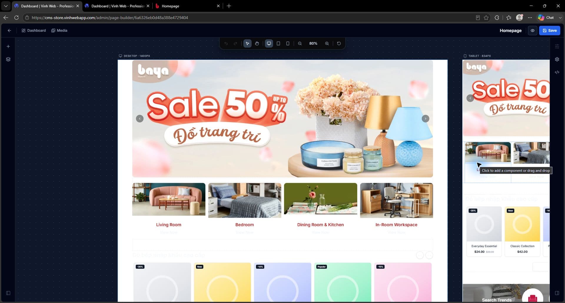 VinhWeb visual page builder showing desktop and tablet furniture storefront canvases