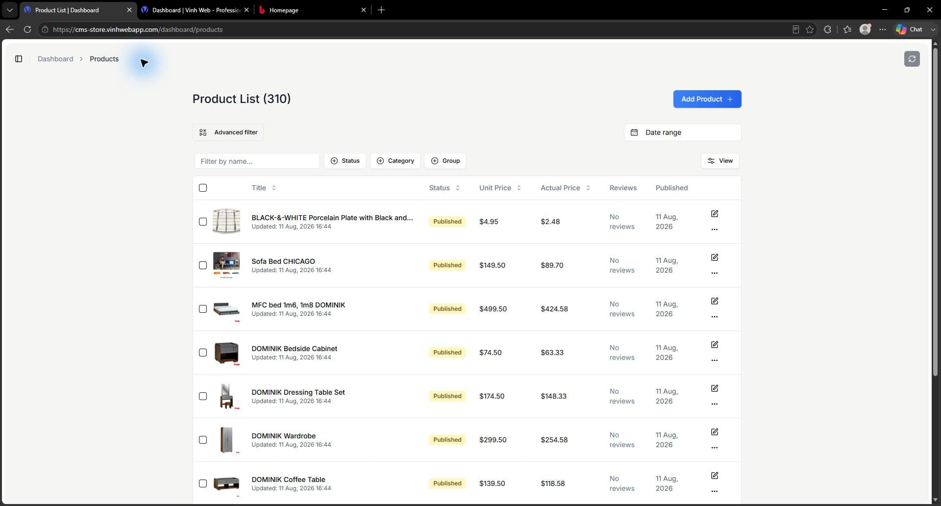 VinhWeb CMS product catalog with furniture images, prices, status, filters, and publishing dates