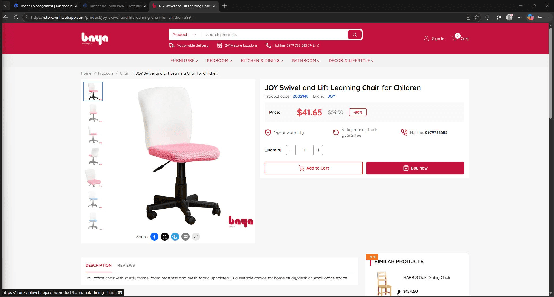 Baya product detail page for the JOY swivel and lift learning chair